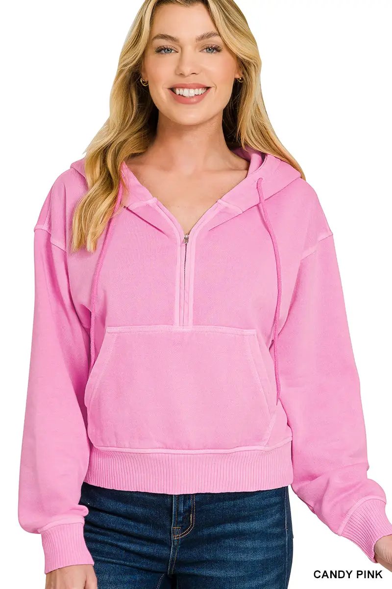 Zenana The Zenana Fleece Half Zip Kangaroo Pocket Hoodie - Hoodies