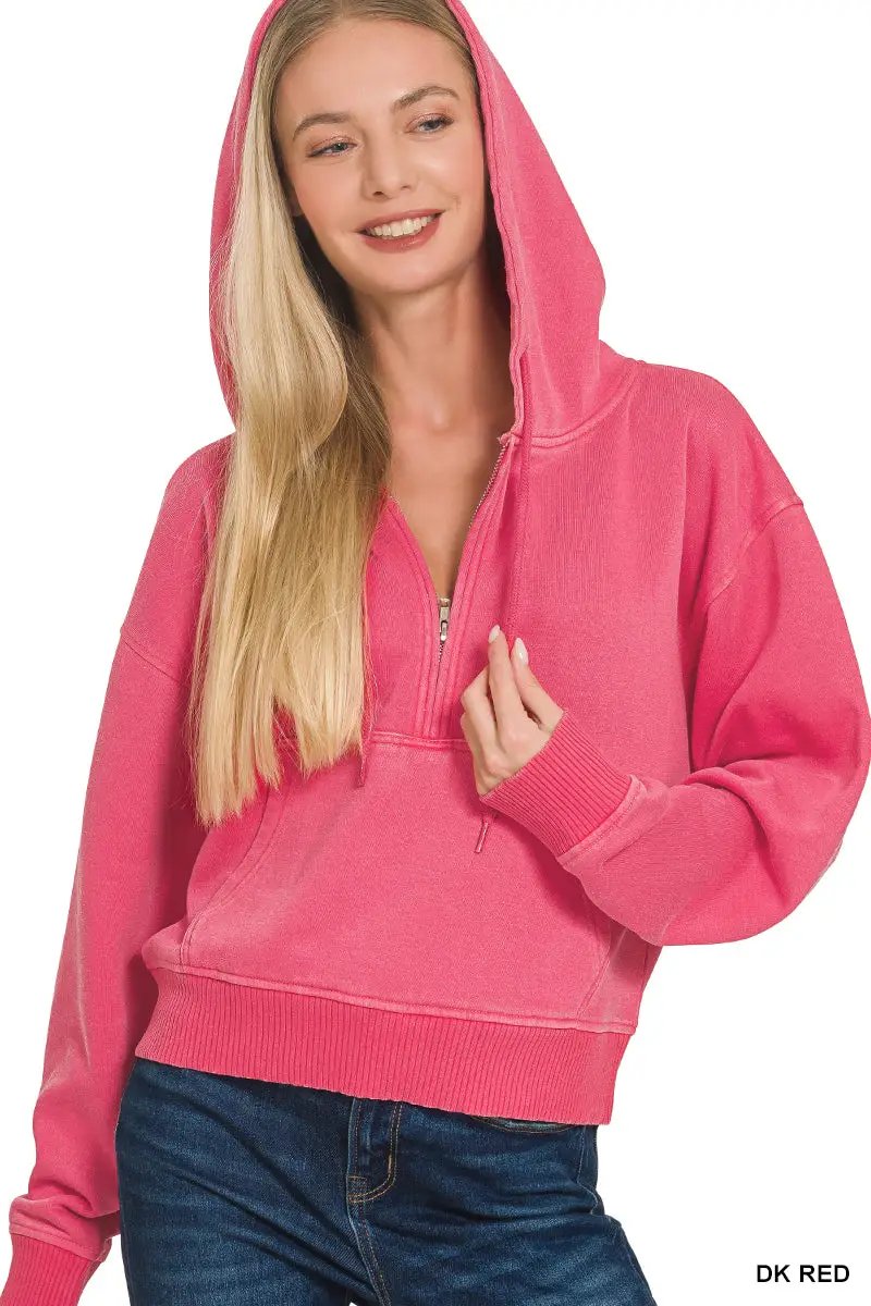 Zenana The Zenana Fleece Half Zip Kangaroo Pocket Hoodie - Hoodies
