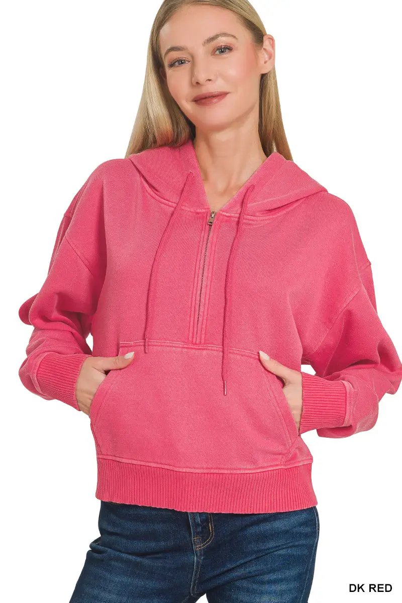Zenana The Zenana Fleece Half Zip Kangaroo Pocket Hoodie - Hoodies