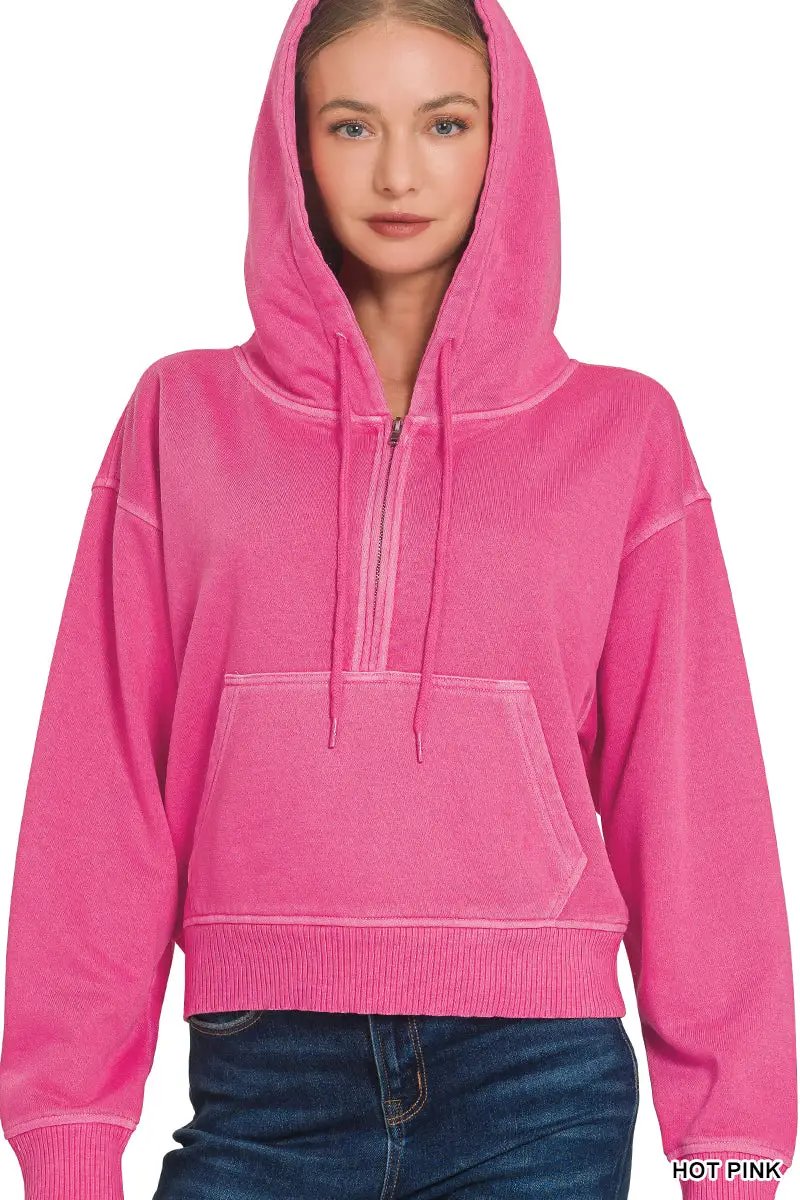 Zenana The Zenana Fleece Half Zip Kangaroo Pocket Hoodie - Hoodies