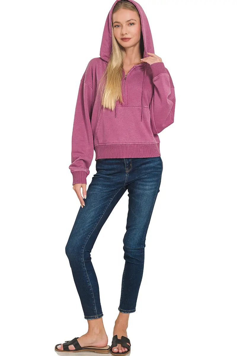 Zenana The Zenana Fleece Half Zip Kangaroo Pocket Hoodie - Hoodies