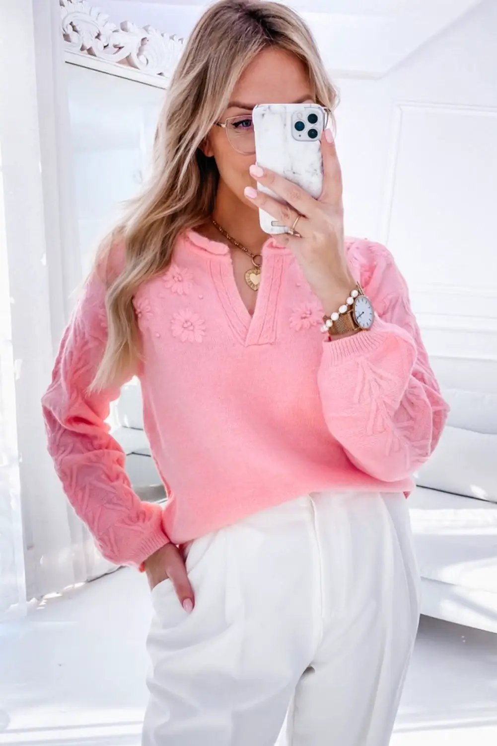 1 the Woman Peach Blossom Bloom Notched Neck Knit Sweater - Sweaters Peach Blossom Flower Detail Knitted Notched Neck Sweater