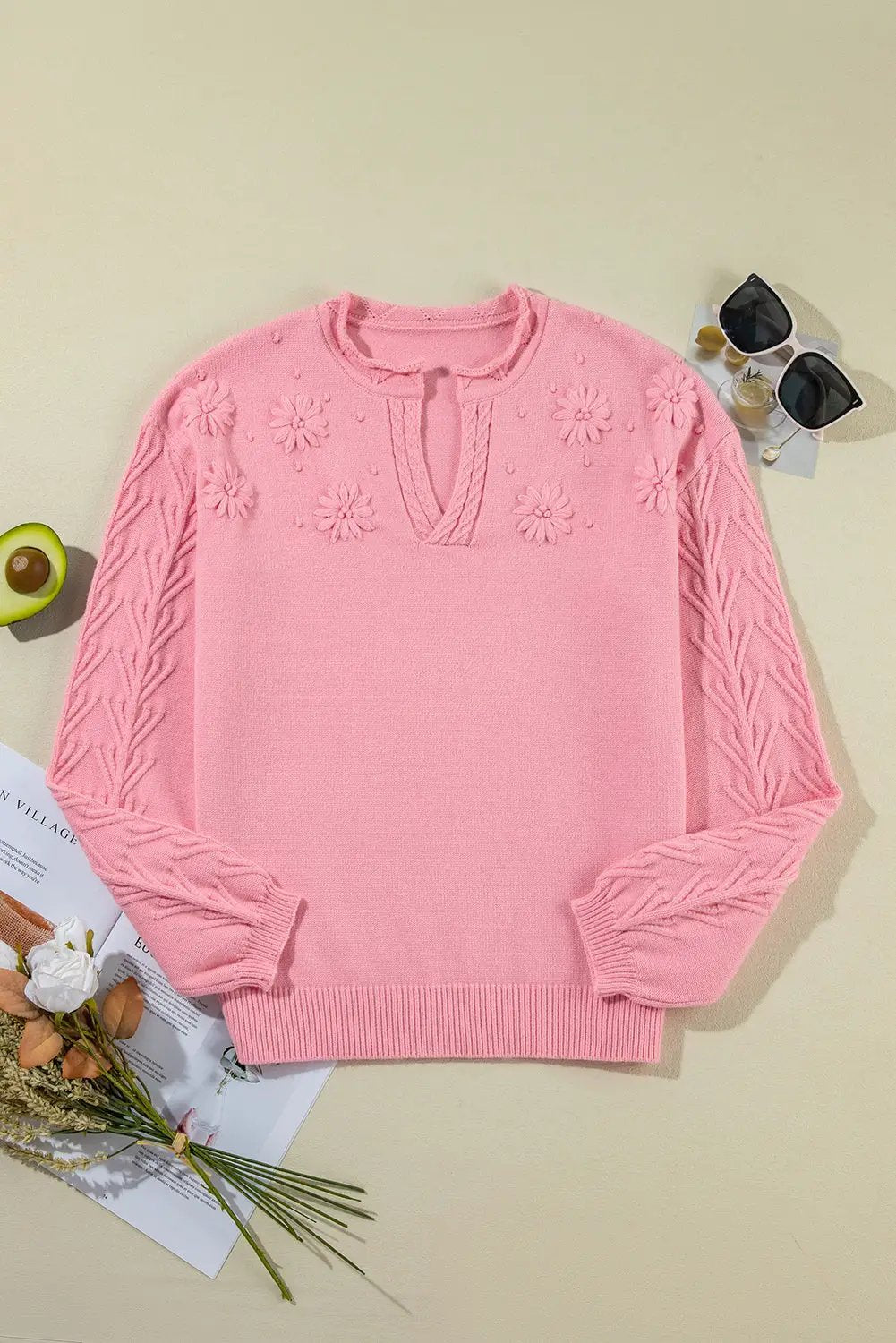 1 the Woman Peach Blossom Bloom Notched Neck Knit Sweater - Sweaters Peach Blossom Flower Detail Knitted Notched Neck Sweater