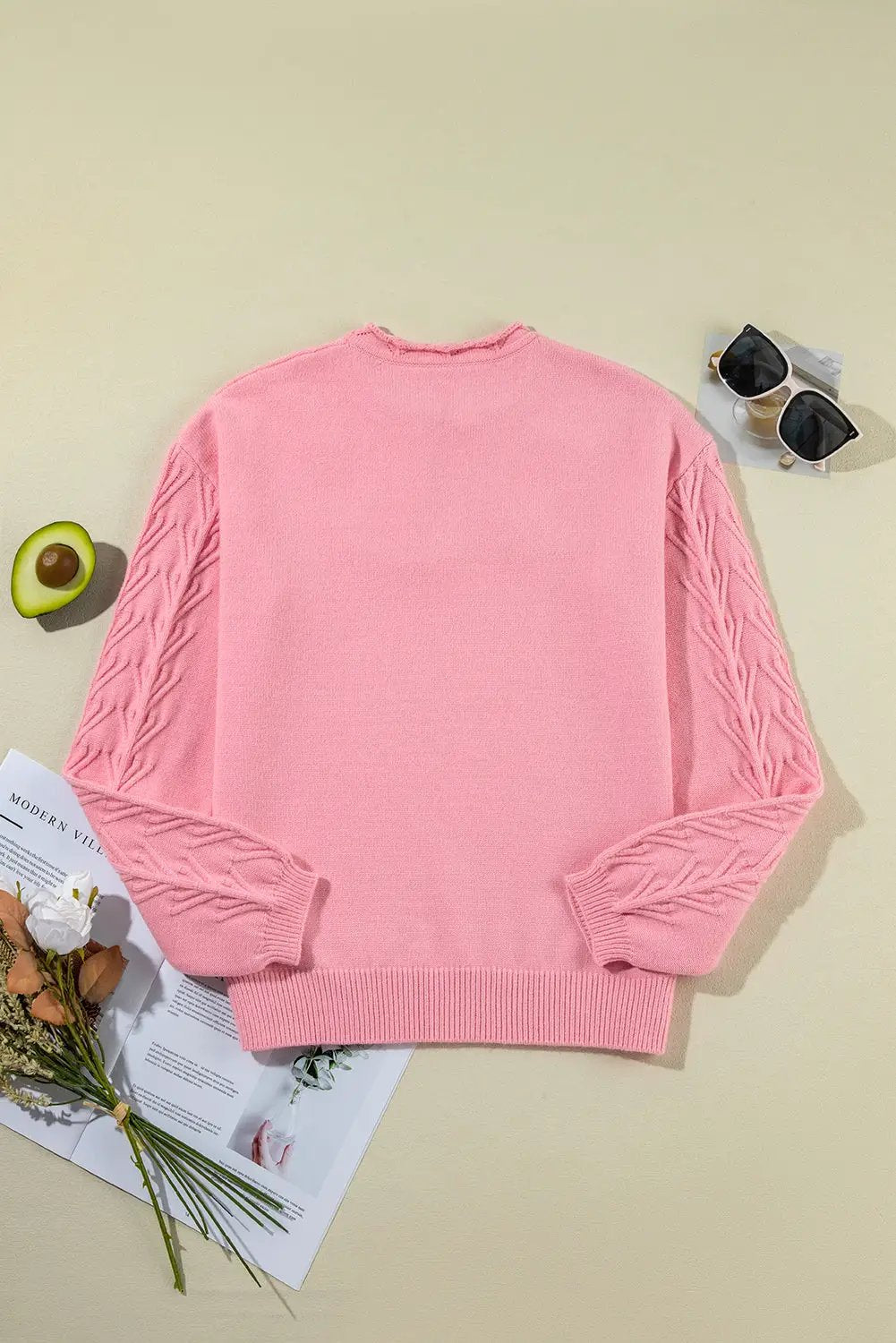 1 the Woman Peach Blossom Bloom Notched Neck Knit Sweater - Sweaters Peach Blossom Flower Detail Knitted Notched Neck Sweater