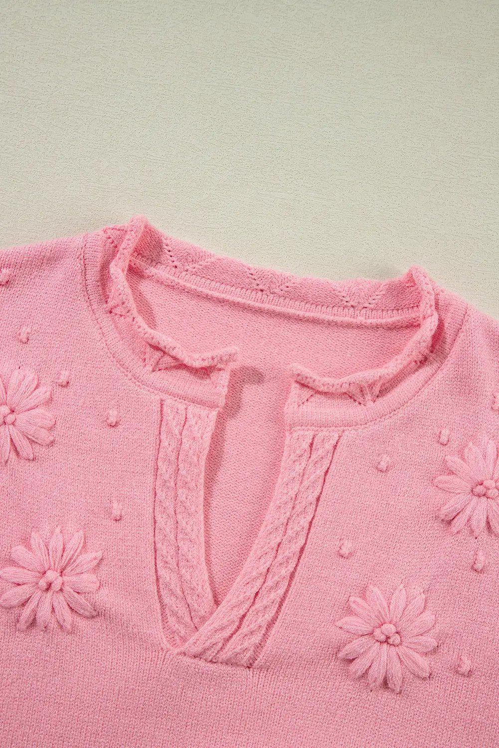 1 the Woman Peach Blossom Bloom Notched Neck Knit Sweater - Sweaters Peach Blossom Flower Detail Knitted Notched Neck Sweater