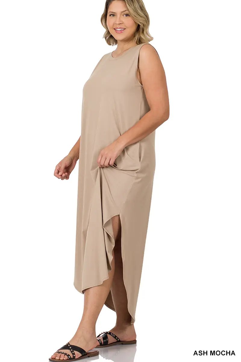 Zenana Zenana Plus Brushed Side Slit Dress with Pockets - Dresses Plus Brushed Side Slit Dress with Pockets