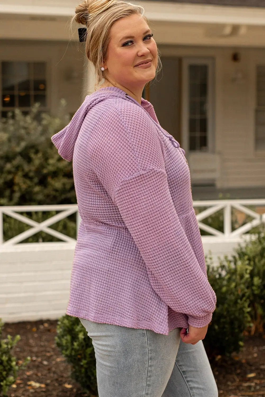 Grateful Threads Boutique Plus Size Lavender Hooded Waffle Knit Top - Shirts