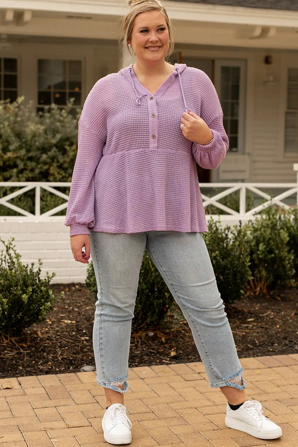 Grateful Threads Boutique Plus Size Lavender Hooded Waffle Knit Top - Shirts