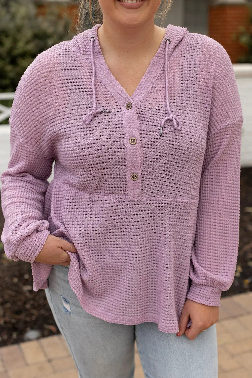 Grateful Threads Boutique Plus Size Lavender Hooded Waffle Knit Top - Shirts