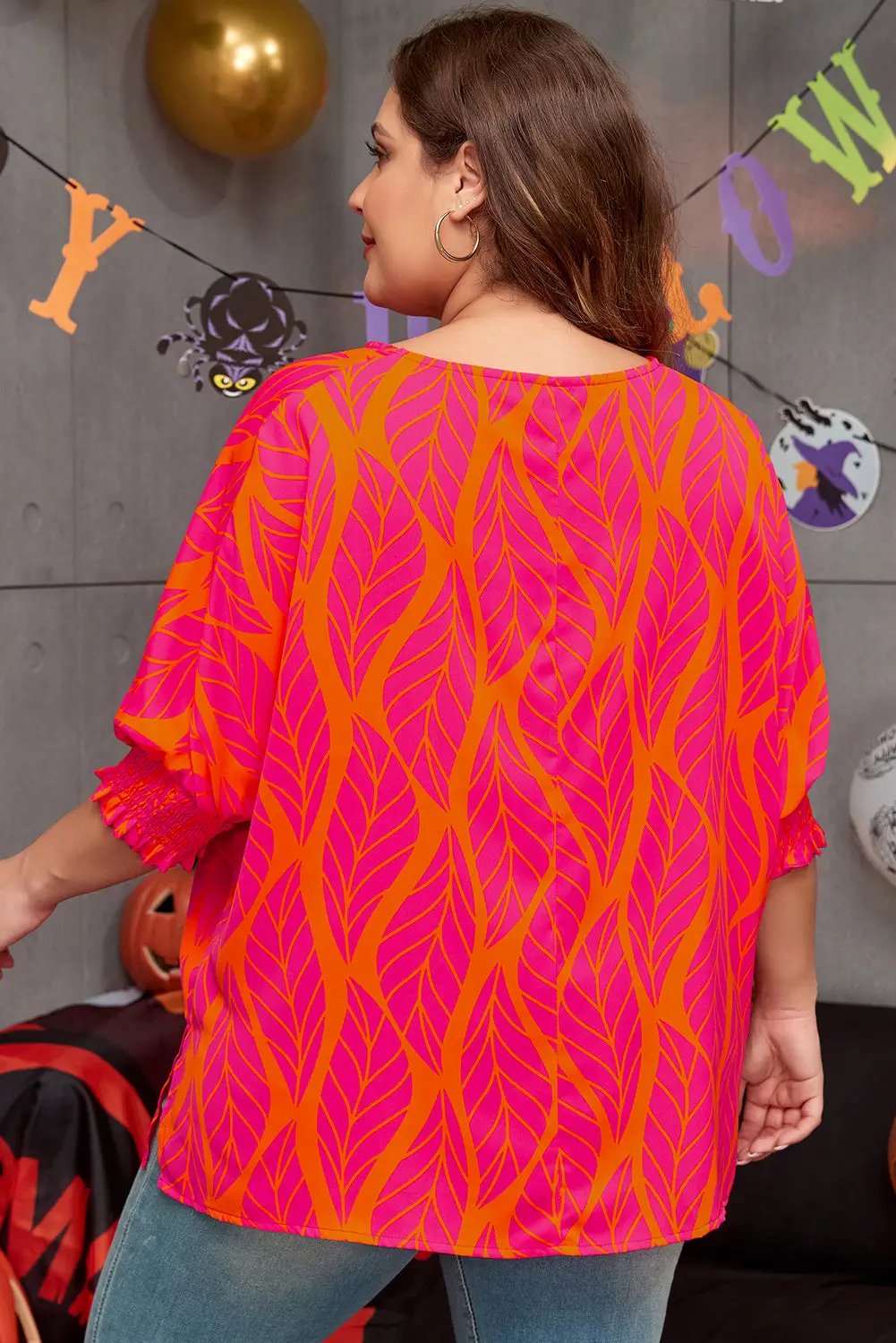 Grateful Threads Boutique Rose Leafy Printed Smocked Lantern Sleeve Plus Size Blouse - Blouses Rose Leafy Printed Smocked Lantern Sleeve Plus Size Blouse