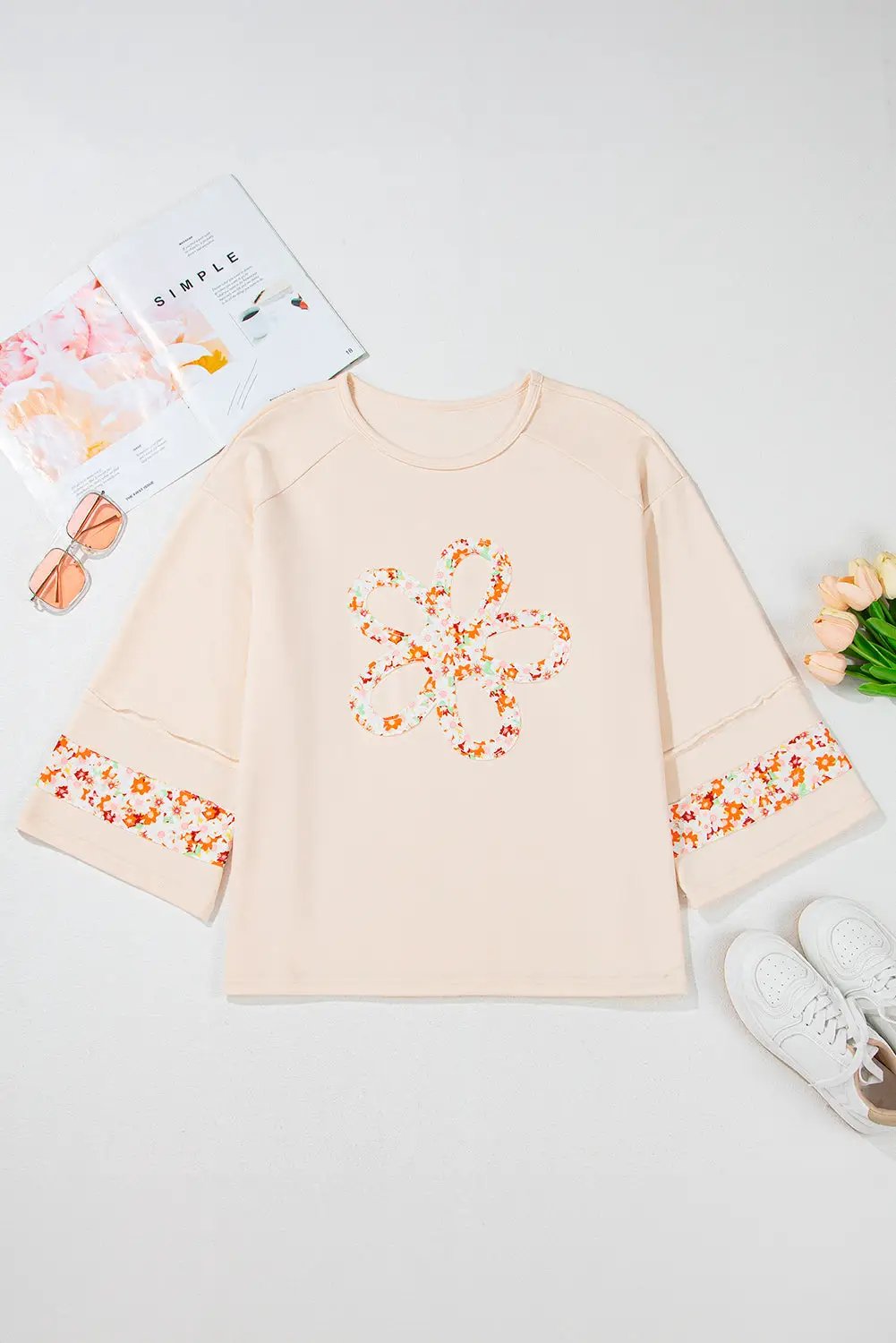 Grateful Threads Boutique Beige Flower Patched Top PLUS - Clothing Tops