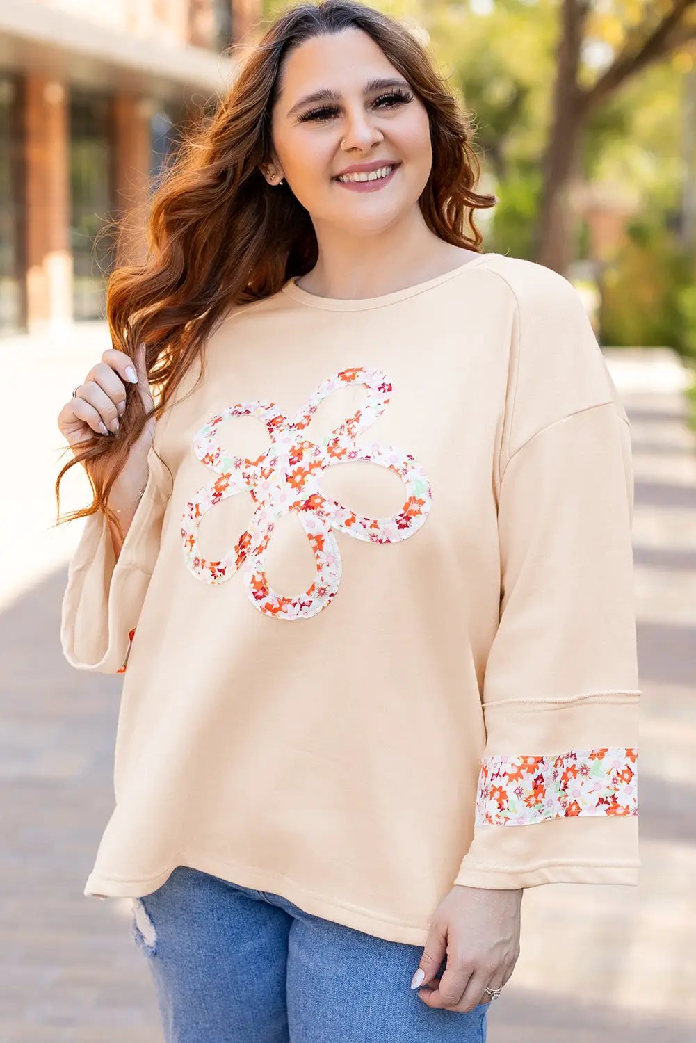 Grateful Threads Boutique Beige Flower Patched Top PLUS - Clothing Tops