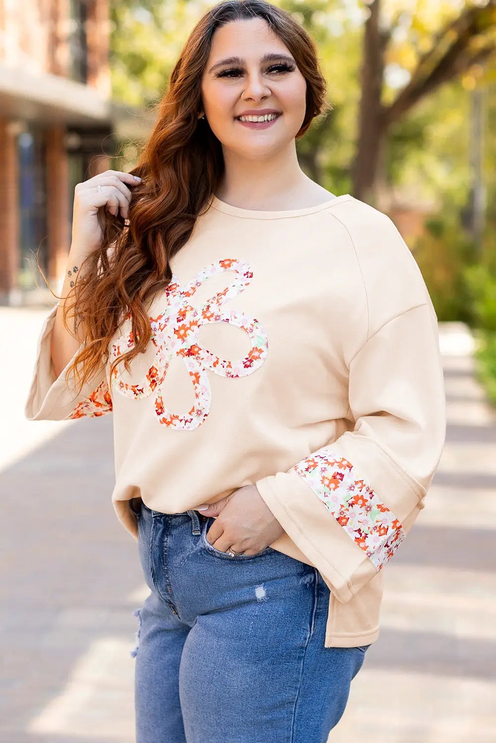 Grateful Threads Boutique Beige Flower Patched Top PLUS - Clothing Tops