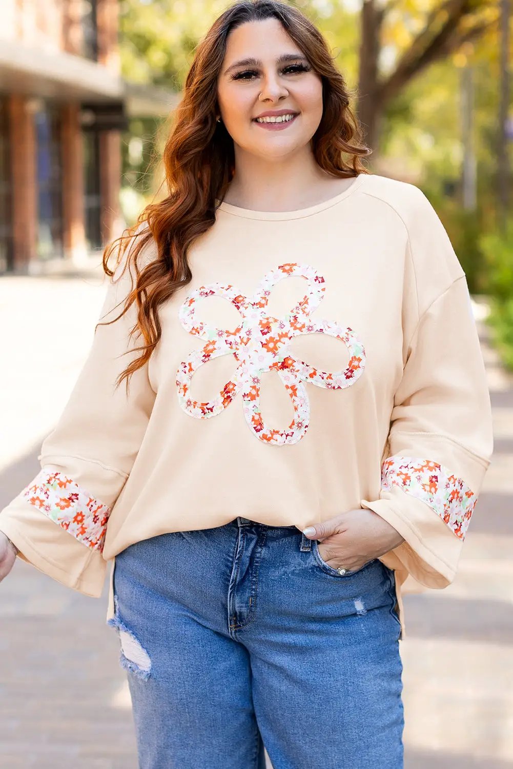 Grateful Threads Boutique Beige Flower Patched Top PLUS - Clothing Tops