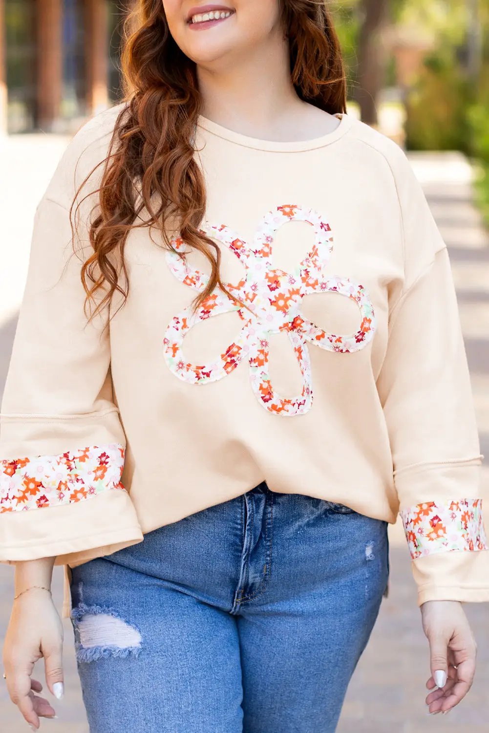 Grateful Threads Boutique Beige Flower Patched Top PLUS - Clothing Tops