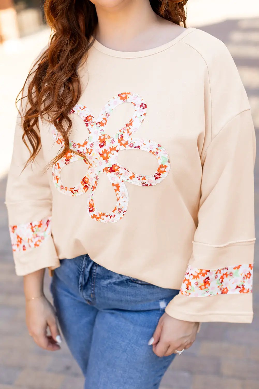 Grateful Threads Boutique Beige Flower Patched Top PLUS - Clothing Tops