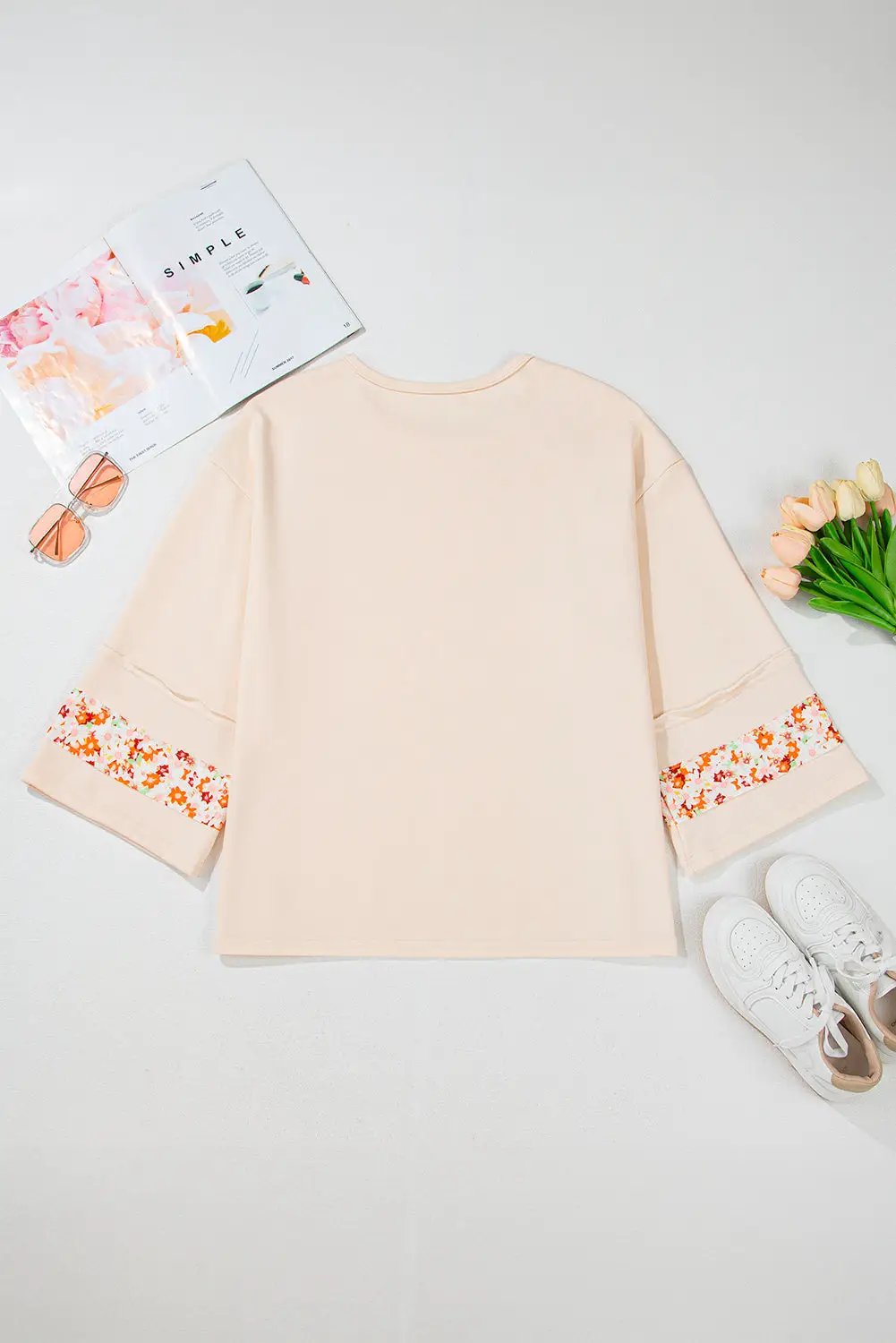 Grateful Threads Boutique Beige Flower Patched Top PLUS - Clothing Tops