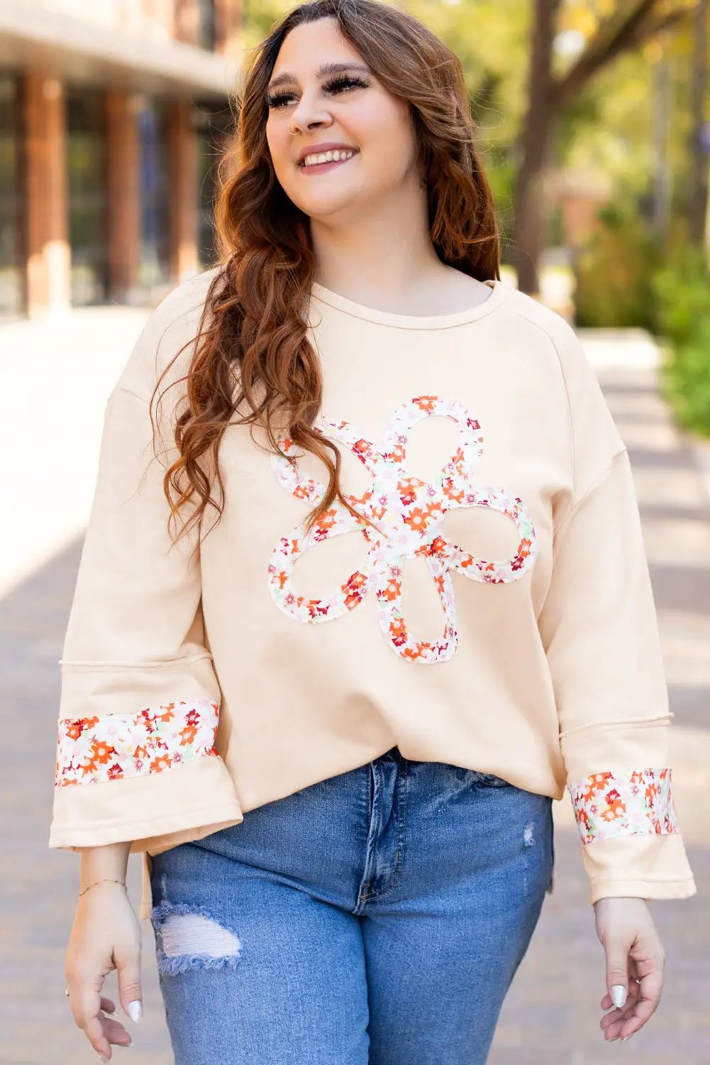 Grateful Threads Boutique Beige Flower Patched Top PLUS - Clothing Tops