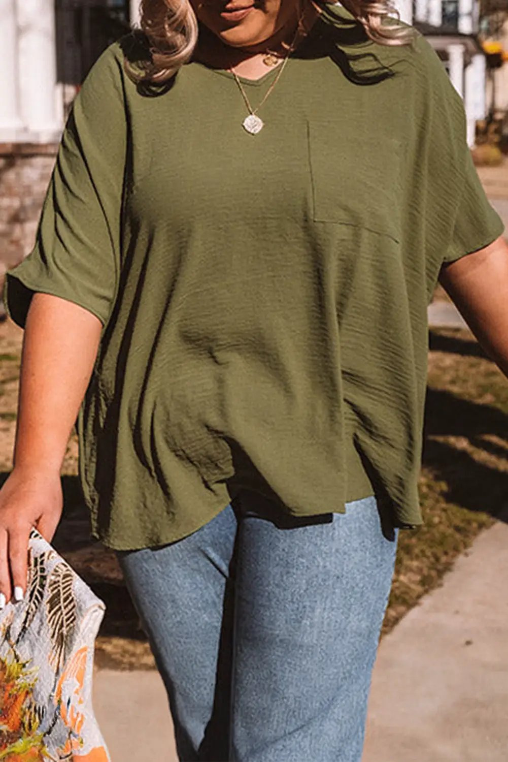 Grateful Threads Boutique Plus Size Textured Half Sleeve V Neck T Shirt - T-Shirts plus size half sleeve v neck t shirt with pocket