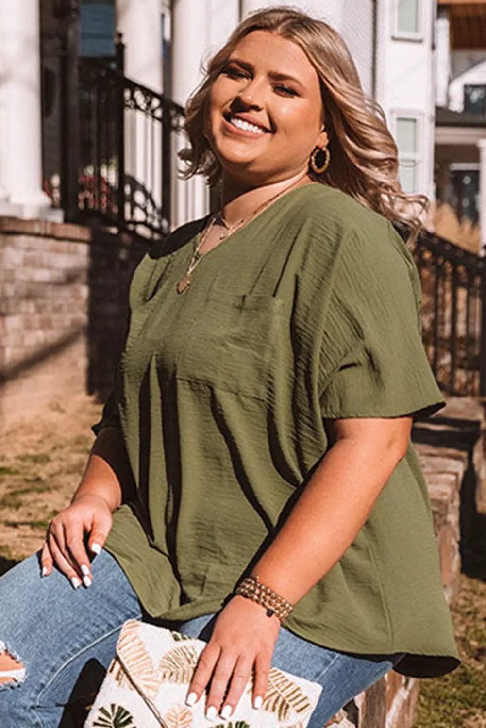 Grateful Threads Boutique Plus Size Textured Half Sleeve V Neck T Shirt - T-Shirts plus size half sleeve v neck t shirt with pocket