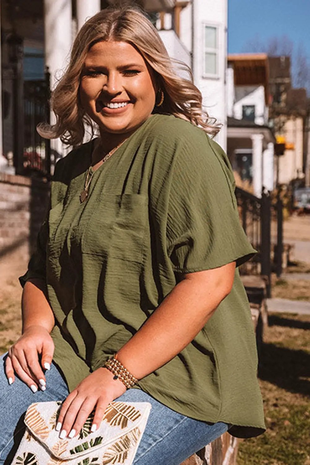 Grateful Threads Boutique Plus Size Textured Half Sleeve V Neck T Shirt - T-Shirts plus size half sleeve v neck t shirt with pocket