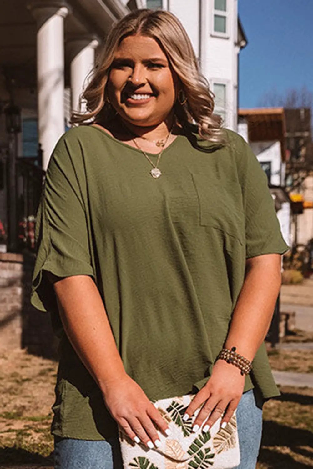 Grateful Threads Boutique Plus Size Textured Half Sleeve V Neck T Shirt - T-Shirts plus size half sleeve v neck t shirt with pocket