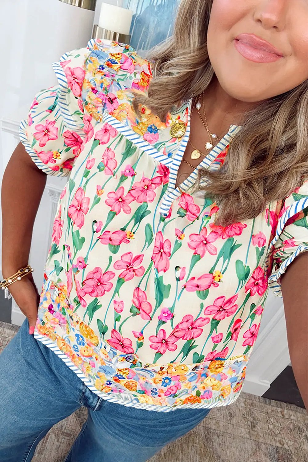 Grateful Threads Boutique Pink Plus Size Floral Print Striped Trim V Neck Blouse - Blouses Pink Plus Size Floral Print Striped Trim V Neck Blouse