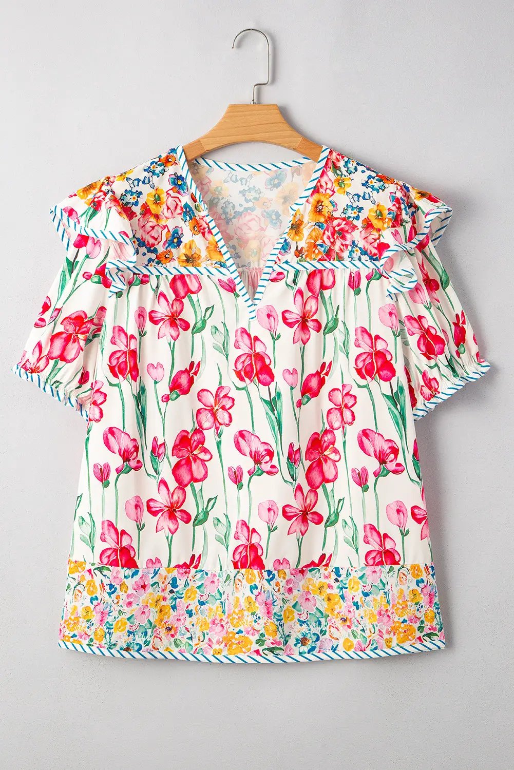 Grateful Threads Boutique Pink Plus Size Floral Print Striped Trim V Neck Blouse - Blouses Pink Plus Size Floral Print Striped Trim V Neck Blouse