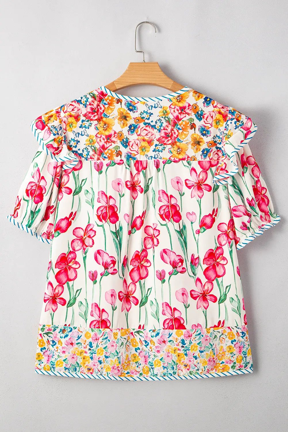Grateful Threads Boutique Pink Plus Size Floral Print Striped Trim V Neck Blouse - Blouses Pink Plus Size Floral Print Striped Trim V Neck Blouse