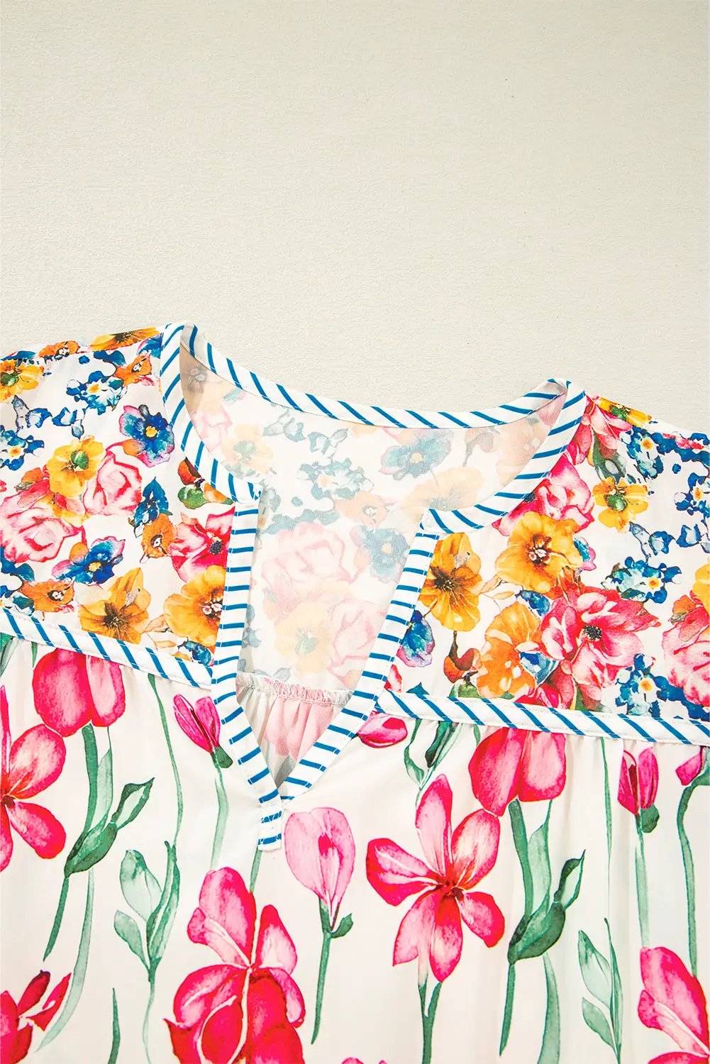 Grateful Threads Boutique Pink Plus Size Floral Print Striped Trim V Neck Blouse - Blouses Pink Plus Size Floral Print Striped Trim V Neck Blouse