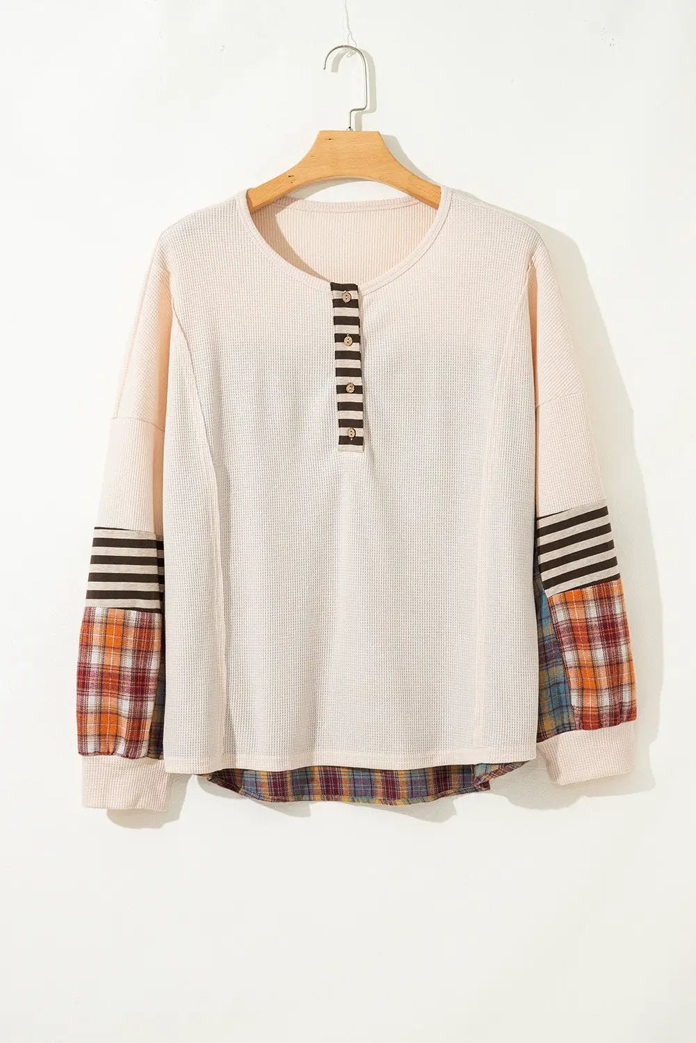 Grateful Threads Boutique Parchment Plus Size Waffle Colorblock Striped Plaid Patchwork Half Button Pullover - Sweaters Parchment Plus Size Waffle Colorblock Striped Plaid Patchwork Half Button Pullover