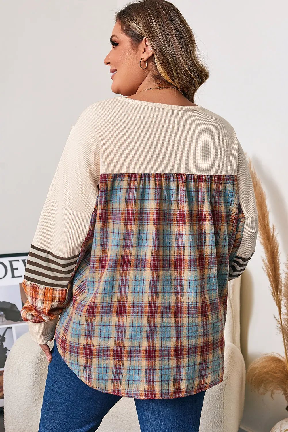 Grateful Threads Boutique Parchment Plus Size Waffle Colorblock Striped Plaid Patchwork Half Button Pullover - Sweaters Parchment Plus Size Waffle Colorblock Striped Plaid Patchwork Half Button Pullover