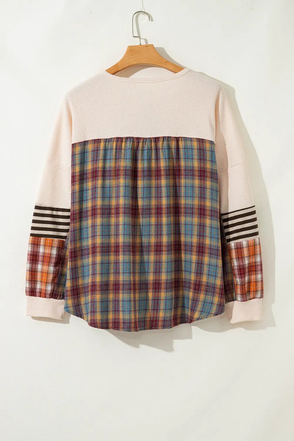 Grateful Threads Boutique Parchment Plus Size Waffle Colorblock Striped Plaid Patchwork Half Button Pullover - Sweaters Parchment Plus Size Waffle Colorblock Striped Plaid Patchwork Half Button Pullover