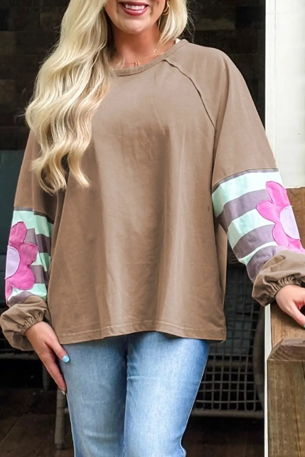 Grateful Threads Boutique French Beige Flower Striped Patchwork Loose Sweatshirt - Sweatshirts