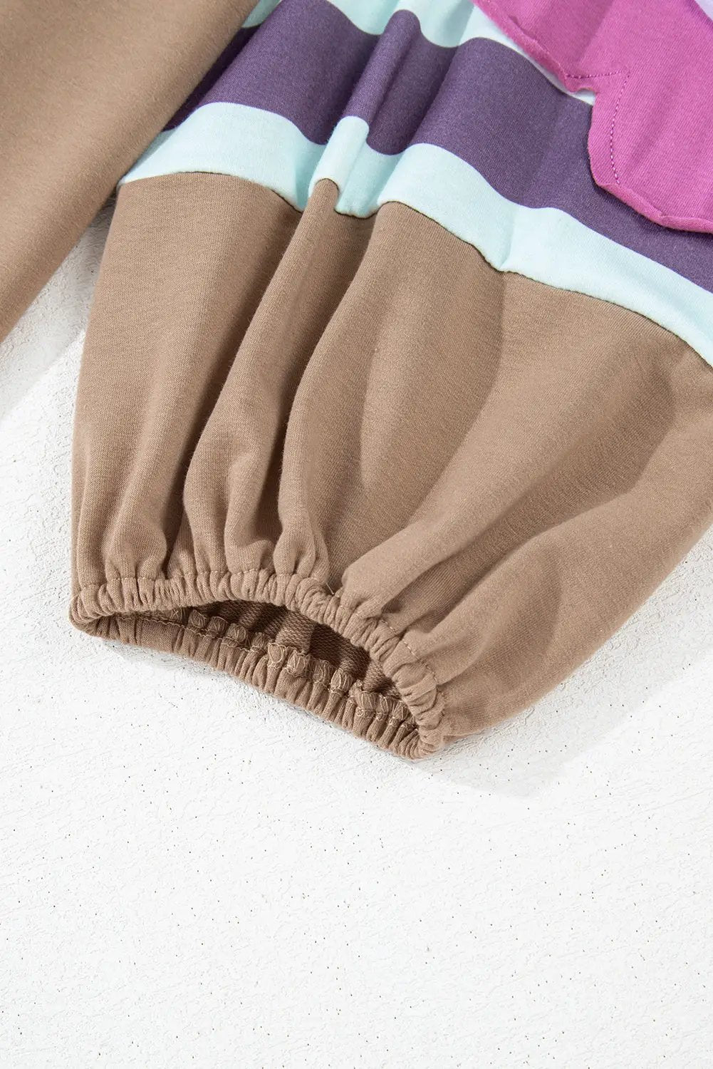 Grateful Threads Boutique French Beige Flower Striped Patchwork Loose Sweatshirt - Sweatshirts