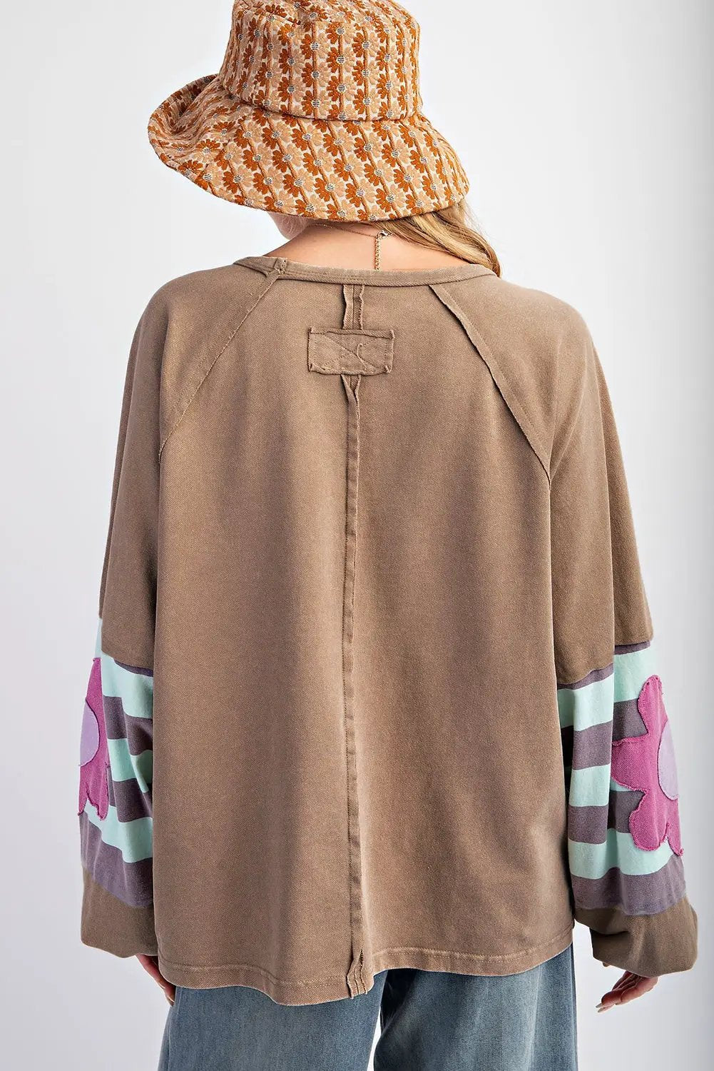Grateful Threads Boutique French Beige Flower Striped Patchwork Loose Sweatshirt - Sweatshirts