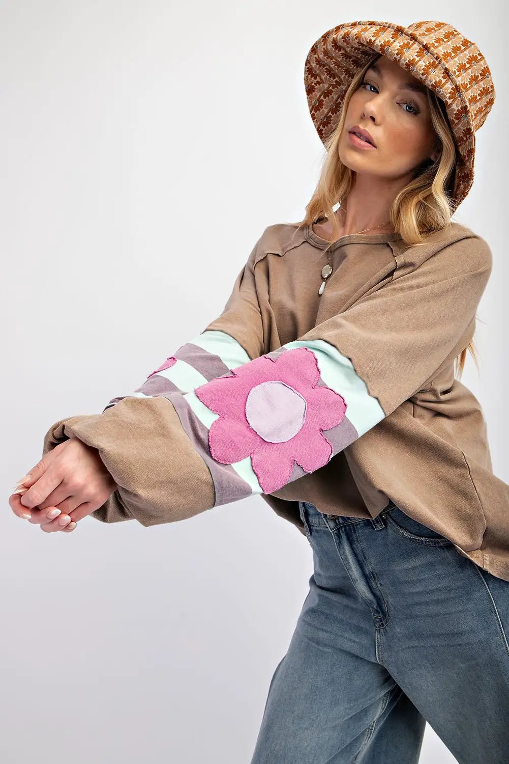 Grateful Threads Boutique French Beige Flower Striped Patchwork Loose Sweatshirt - Sweatshirts