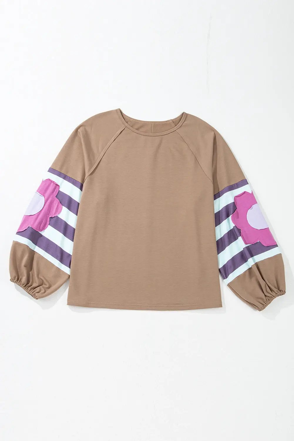 Grateful Threads Boutique French Beige Flower Striped Patchwork Loose Sweatshirt - Sweatshirts