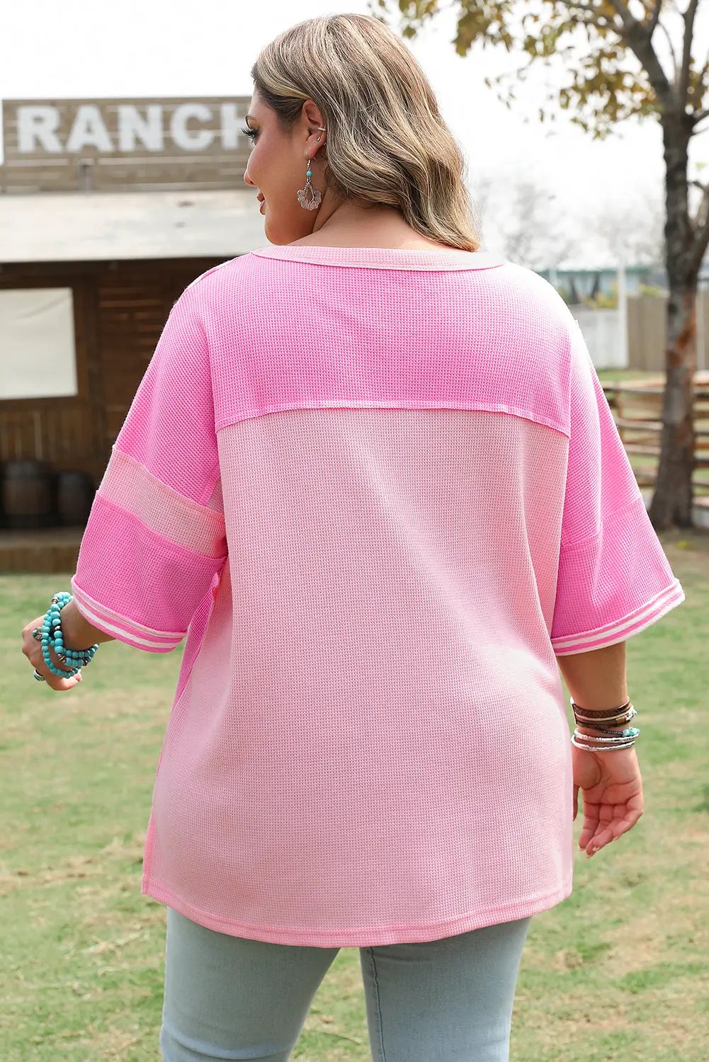 Grateful Threads Boutique Pink Stripe Patchwork Colorblock Plus Size Waffle Knit Ribbed Top - Shirts Pink Stripe Patchwork Colorblock Plus Size T Shirt