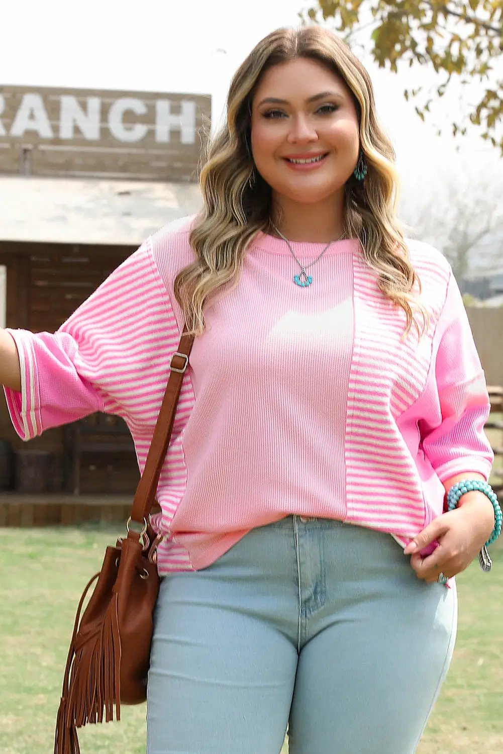 Grateful Threads Boutique Pink Stripe Patchwork Colorblock Plus Size Waffle Knit Ribbed Top - Shirts Pink Stripe Patchwork Colorblock Plus Size T Shirt