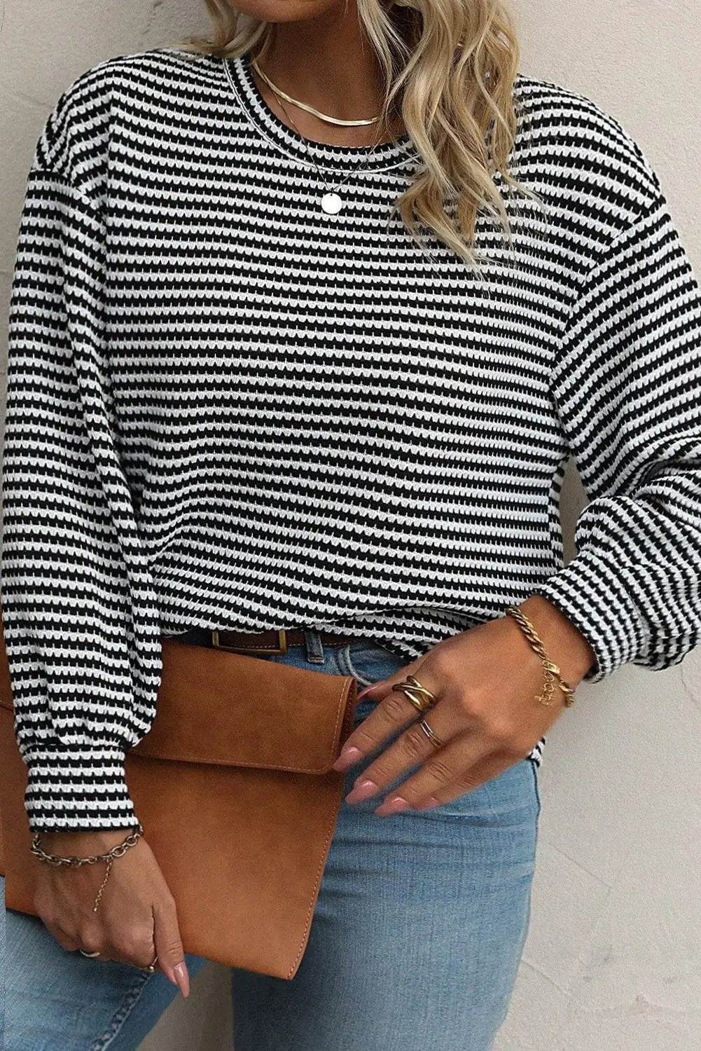 Grateful Threads Boutique Plus Size Black Stripe Puff Shoulder Top - Shirts