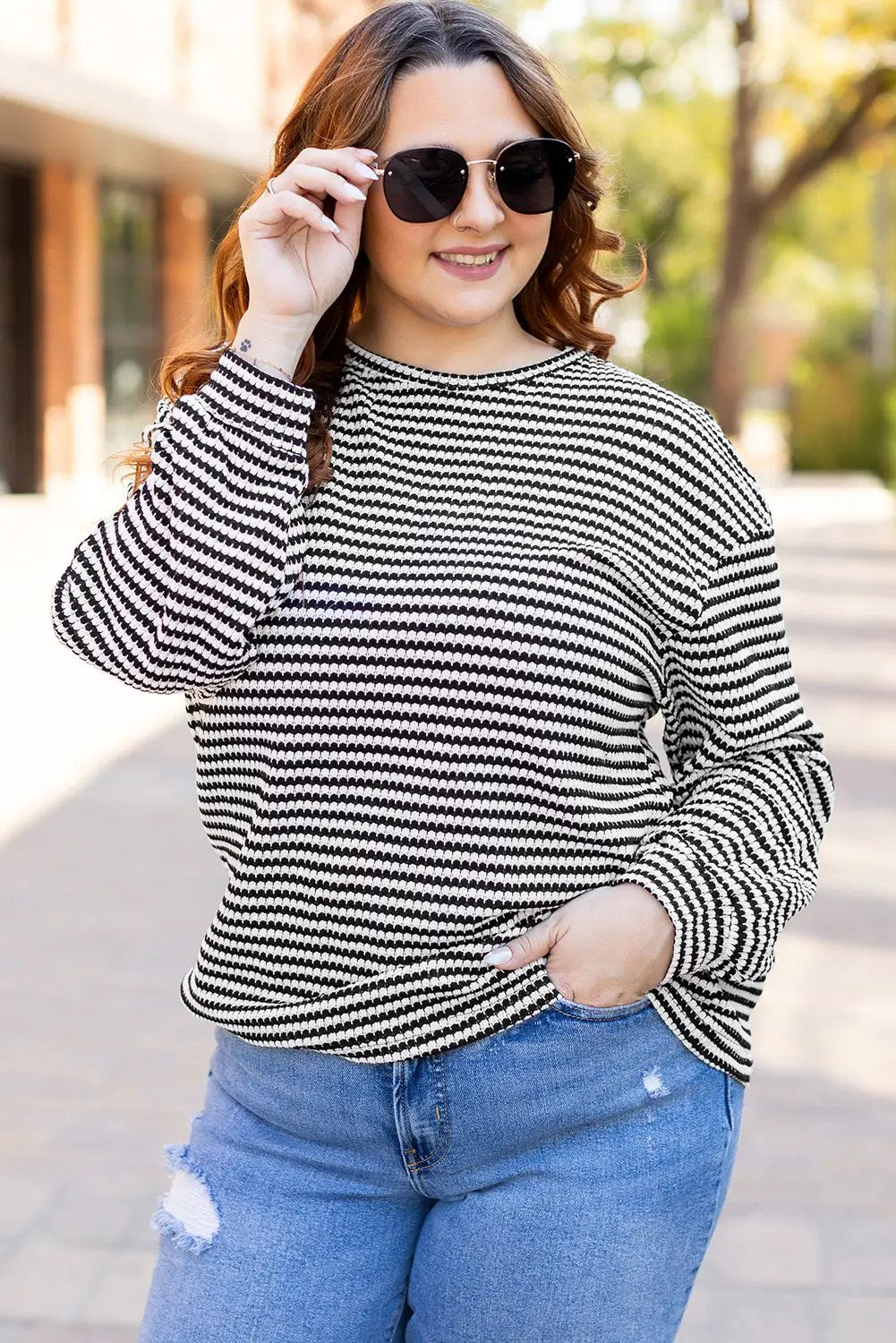 Grateful Threads Boutique Plus Size Black Stripe Puff Shoulder Top - Shirts
