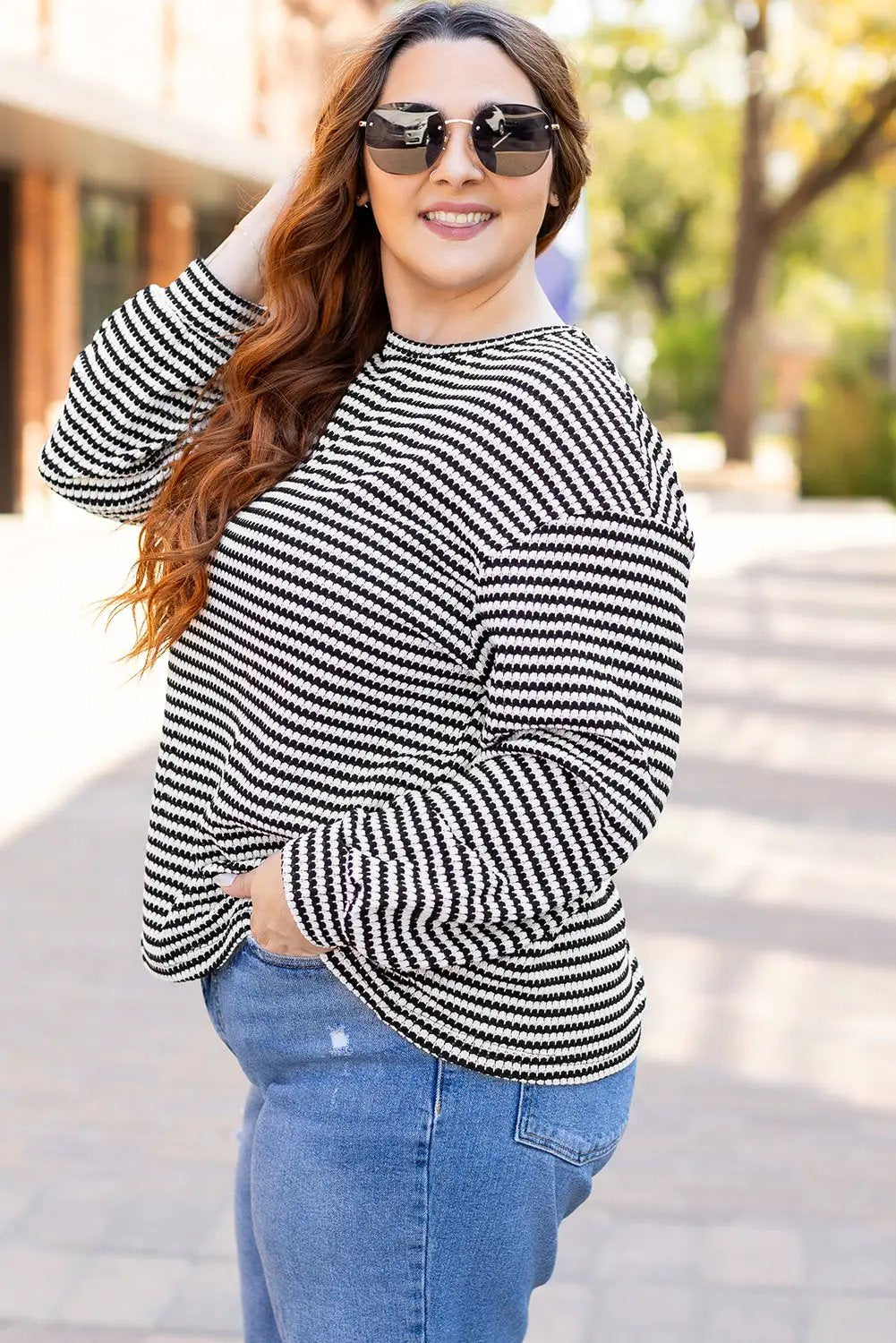 Grateful Threads Boutique Plus Size Black Stripe Puff Shoulder Top - Shirts