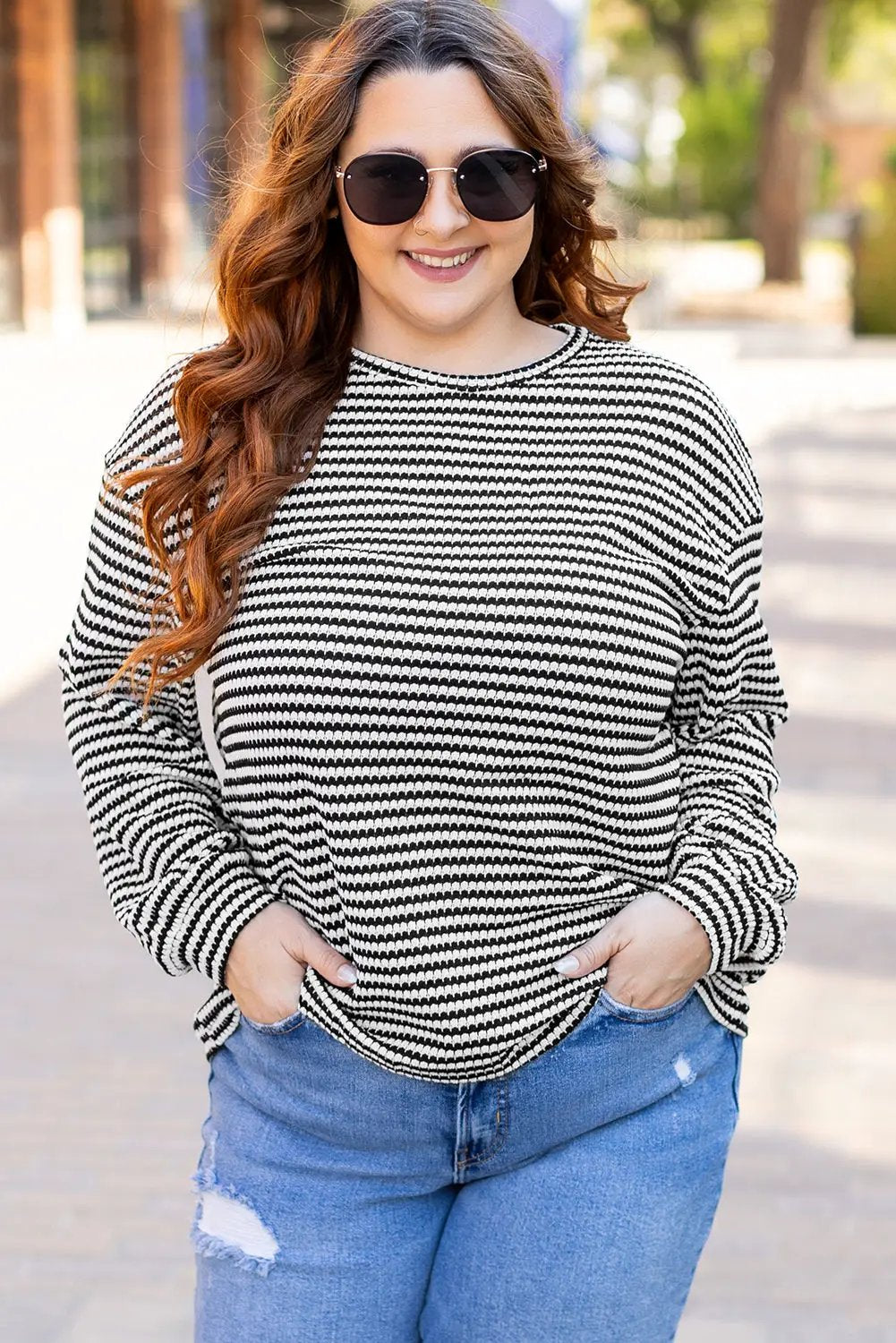 Grateful Threads Boutique Plus Size Black Stripe Puff Shoulder Top - Shirts