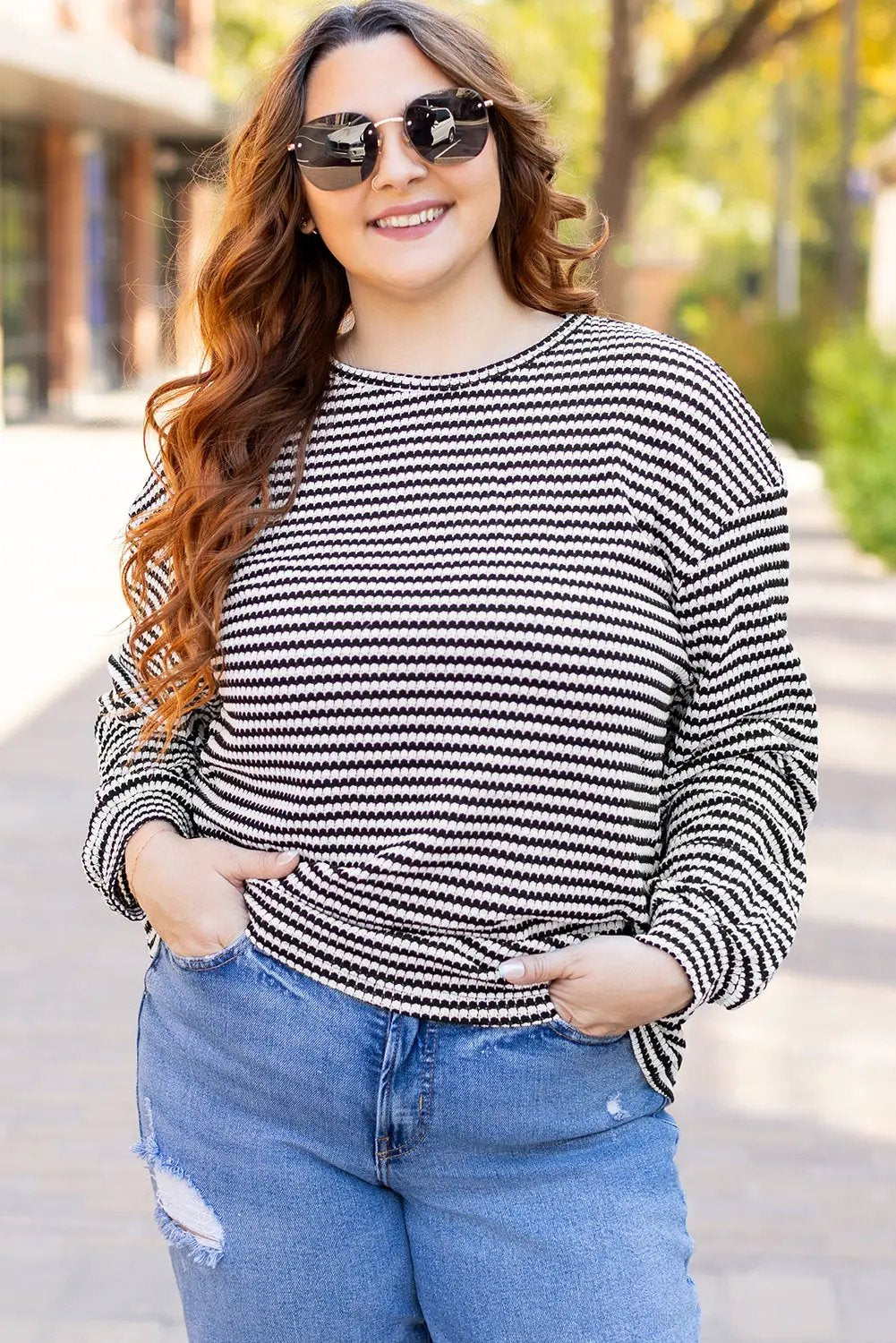 Grateful Threads Boutique Plus Size Black Stripe Puff Shoulder Top - Shirts