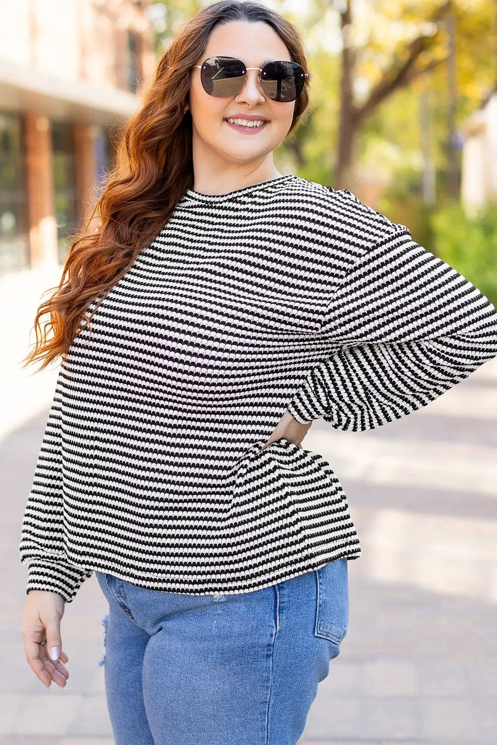 Grateful Threads Boutique Plus Size Black Stripe Puff Shoulder Top - Shirts