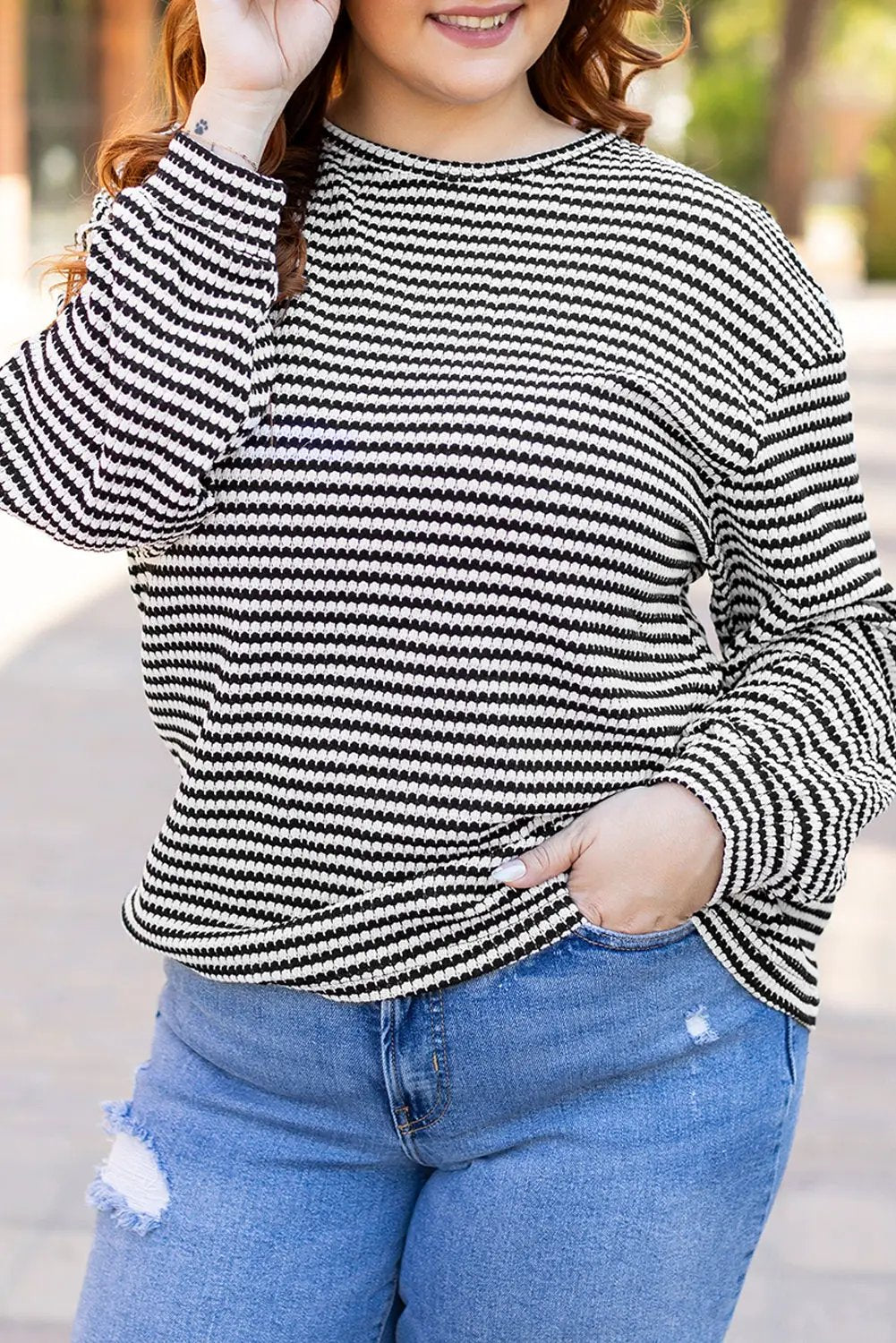 Grateful Threads Boutique Plus Size Black Stripe Puff Shoulder Top - Shirts