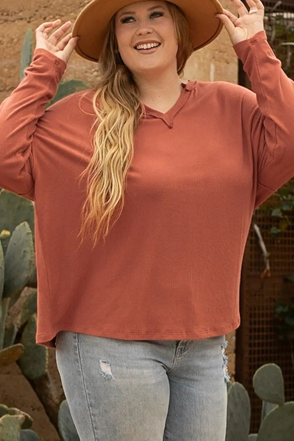 Grateful Threads Boutique Gold Flame Exposed Seam V Neck Long Sleeve Top PLUS - Blouses