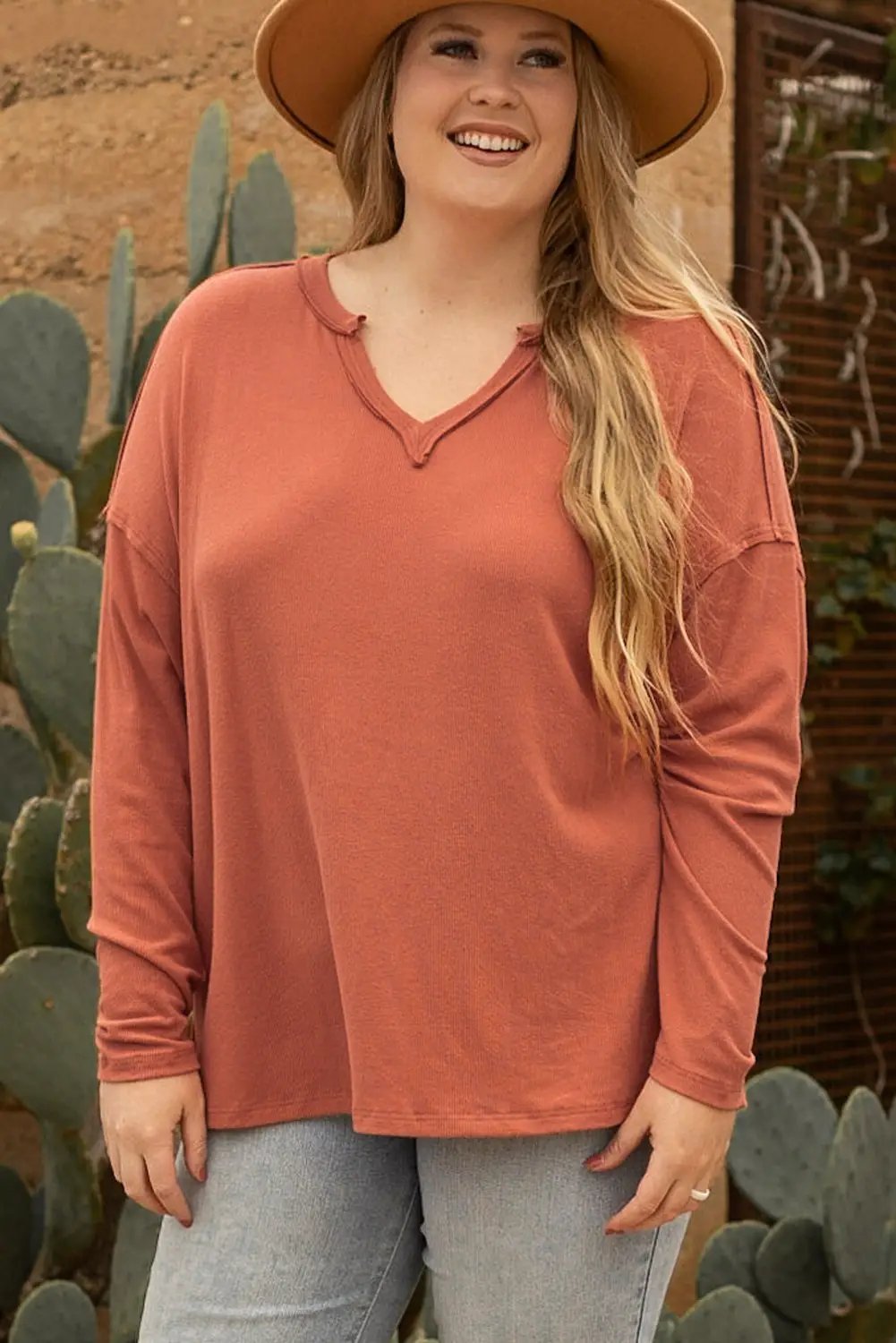 Grateful Threads Boutique Gold Flame Exposed Seam V Neck Long Sleeve Top PLUS - Blouses