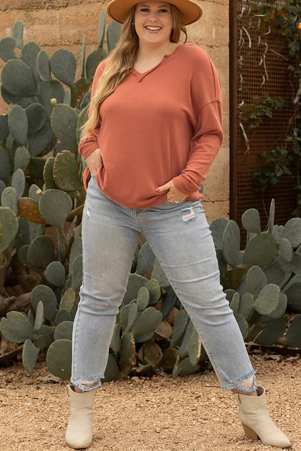 Grateful Threads Boutique Gold Flame Exposed Seam V Neck Long Sleeve Top PLUS - Blouses